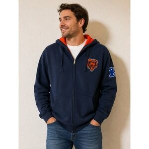 NFL Chicago Bears Full Zip Hoodie Mens Large Navy Blue Orange Sherpa Lined NFC